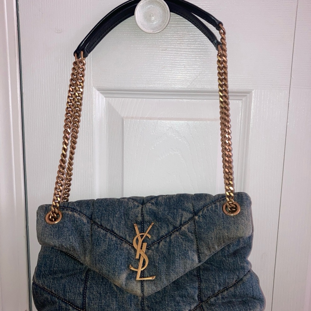 Authentic Saint Laurent Medium Puffer Bag Vintage Denim with Dust Bag